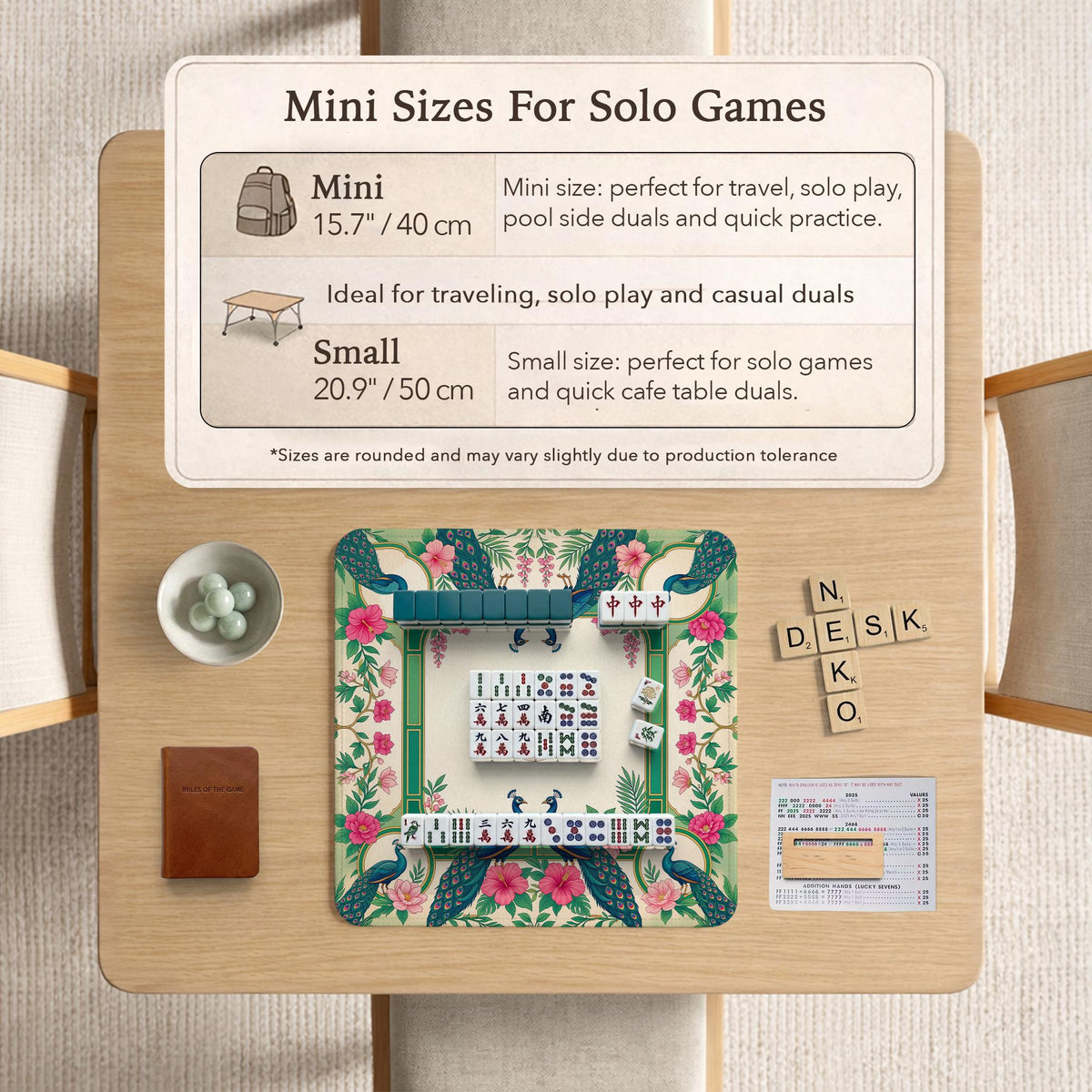 Green mahjong mat with peacocks, hibiscus flowers, tropical leaves, cream center space, and a scalloped floral border.