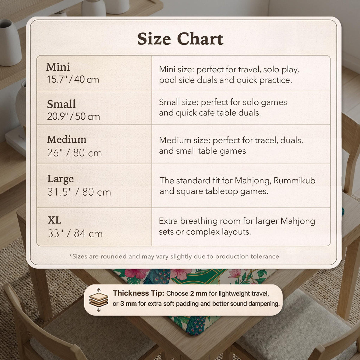 Green mahjong mat with peacocks, hibiscus flowers, tropical leaves, cream center space, and a scalloped floral border.