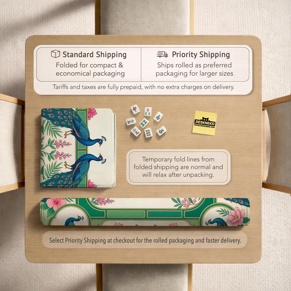 Green mahjong mat with peacocks, hibiscus flowers, tropical leaves, cream center space, and a scalloped floral border.