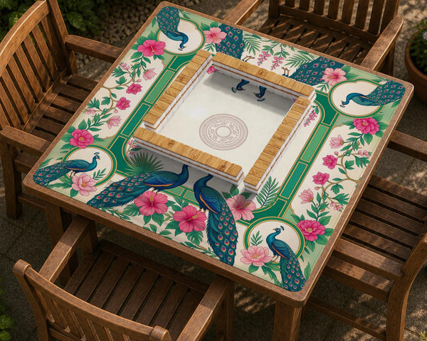 Green mahjong mat with peacocks, hibiscus flowers, tropical leaves, cream center space, and a scalloped floral border.