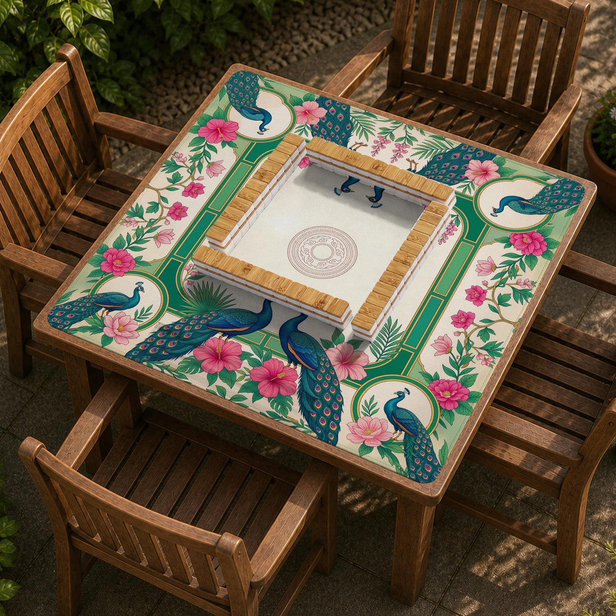 Green mahjong mat with peacocks, hibiscus flowers, tropical leaves, cream center space, and a scalloped floral border.
