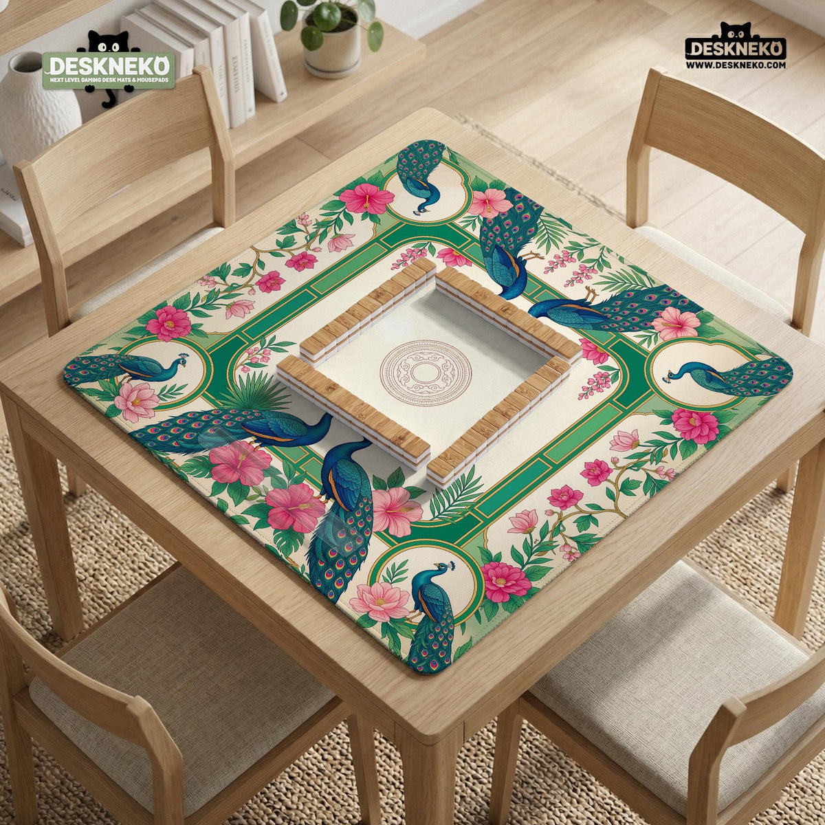 Green mahjong mat with peacocks, hibiscus flowers, tropical leaves, cream center space, and a scalloped floral border.