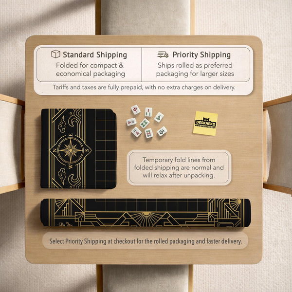 Black and gold square mahjong mat with a scalloped edge, geometric border, thin line details, fan motifs, and dragon and phoenix accents around an open center.