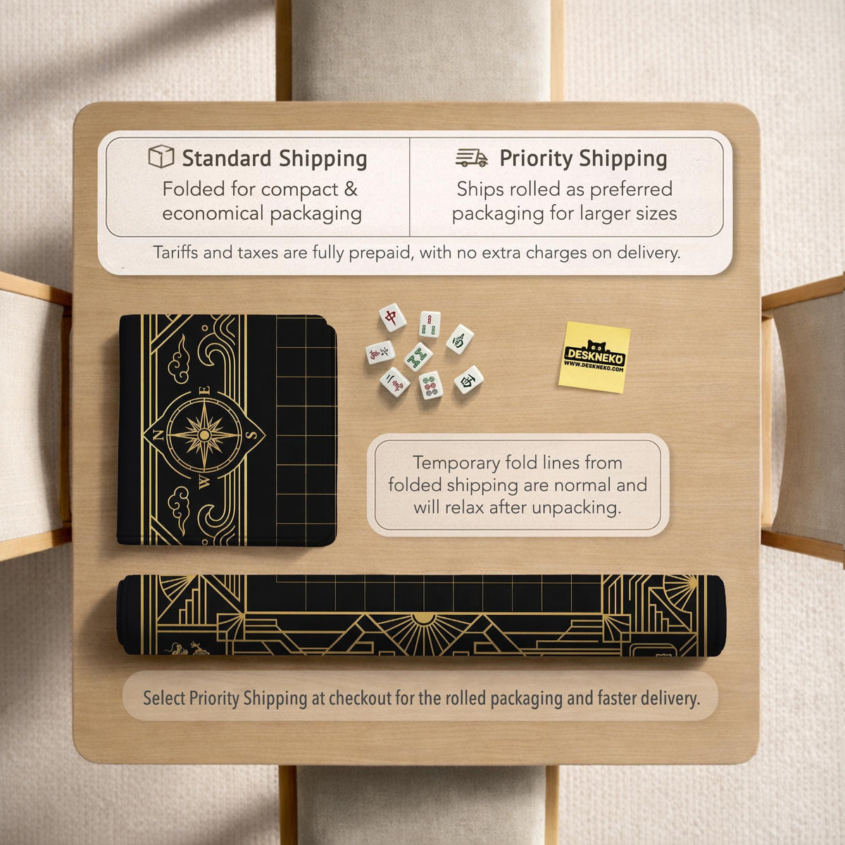 Black and gold square mahjong mat with a scalloped edge, geometric border, thin line details, fan motifs, and dragon and phoenix accents around an open center.