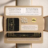Black and gold square mahjong mat with a scalloped edge, geometric border, thin line details, fan motifs, and dragon and phoenix accents around an open center.