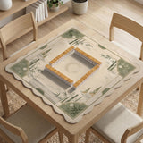 Square mahjong mat with a sage green bamboo and mountain design, cream center, scalloped border details, and gold line accents.