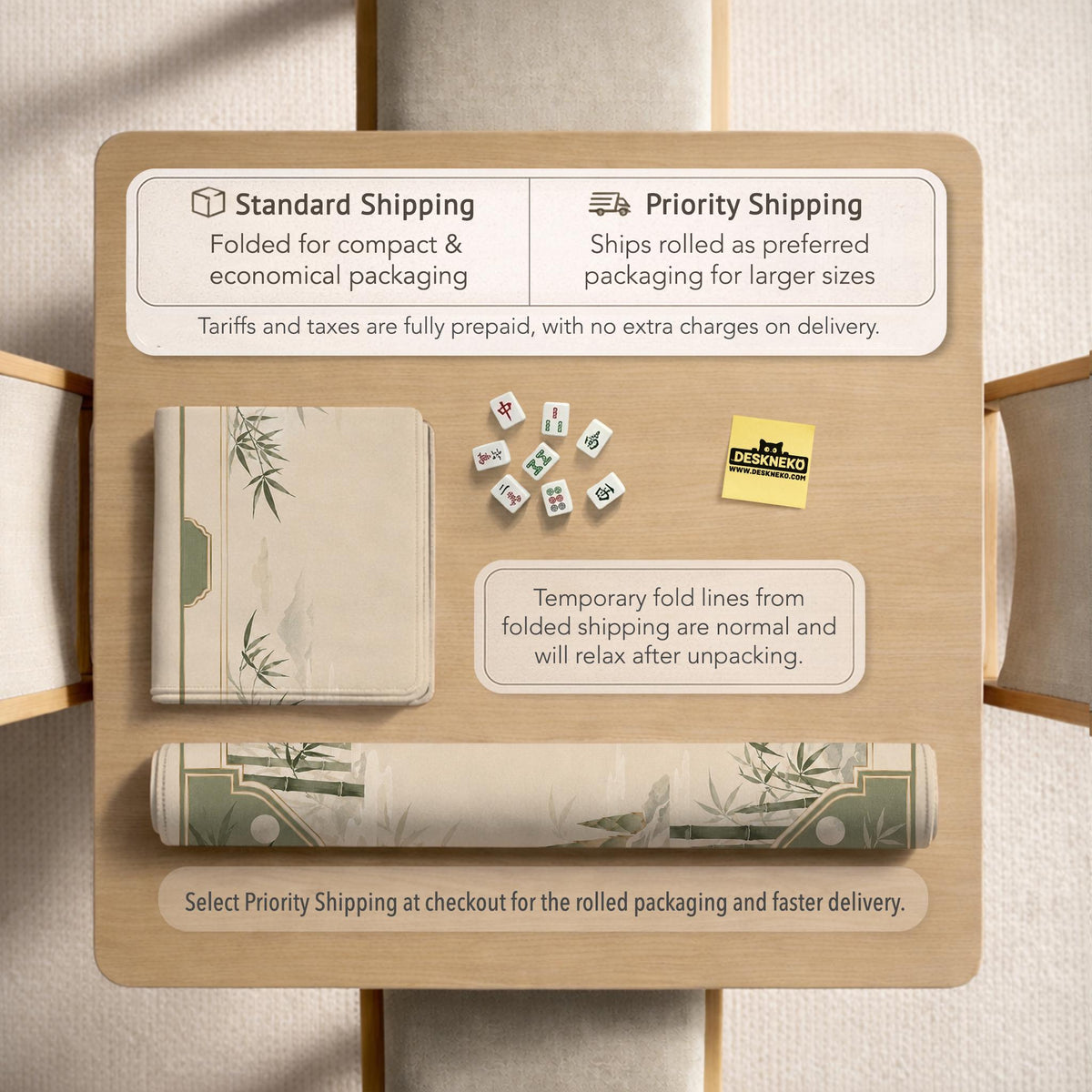Square mahjong mat with a sage green bamboo and mountain design, cream center, scalloped border details, and gold line accents.