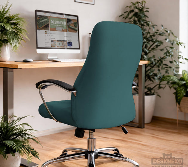 Solid teal chair cover shown as a fitted slipcover for a high back office or gaming chair, with multiple style options mentioned in the listing.