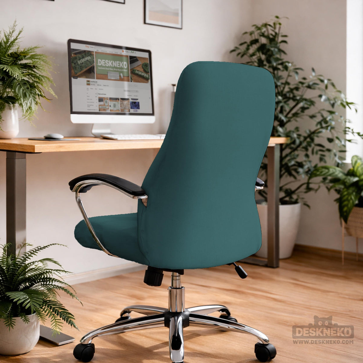 Solid teal chair cover shown as a fitted slipcover for a high back office or gaming chair, with multiple style options mentioned in the listing.