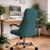 Solid teal chair cover shown as a fitted slipcover for a high back office or gaming chair, with multiple style options mentioned in the listing.