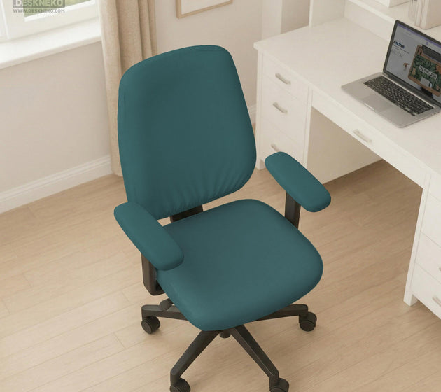 Solid teal chair cover shown as a fitted slipcover for a high back office or gaming chair, with multiple style options mentioned in the listing.