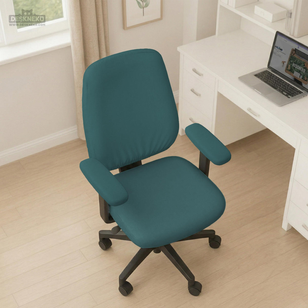 Solid teal chair cover shown as a fitted slipcover for a high back office or gaming chair, with multiple style options mentioned in the listing.
