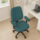 Solid teal chair cover shown as a fitted slipcover for a high back office or gaming chair, with multiple style options mentioned in the listing.