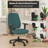 Solid teal chair cover shown as a fitted slipcover for a high back office or gaming chair, with multiple style options mentioned in the listing.