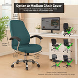 Solid teal chair cover shown as a fitted slipcover for a high back office or gaming chair, with multiple style options mentioned in the listing.