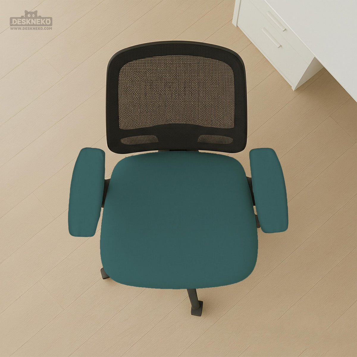 Solid teal chair cover shown as a fitted slipcover for a high back office or gaming chair, with multiple style options mentioned in the listing.