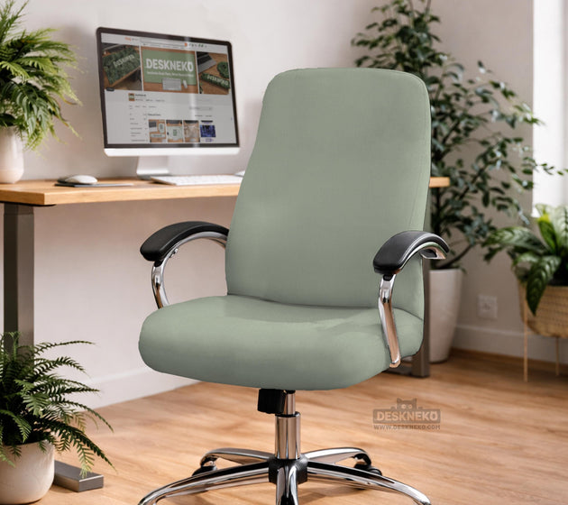Sage green chair cover options shown for a high back gaming or office chair, including full chair cover, back and seat cover, seat-only cover, and armrest-only cover styles.