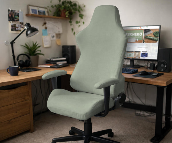 Sage green chair cover options shown for a high back gaming or office chair, including full chair cover, back and seat cover, seat-only cover, and armrest-only cover styles.