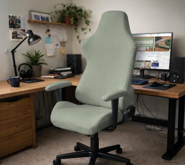 Sage green chair cover options shown for a high back gaming or office chair, including full chair cover, back and seat cover, seat-only cover, and armrest-only cover styles.