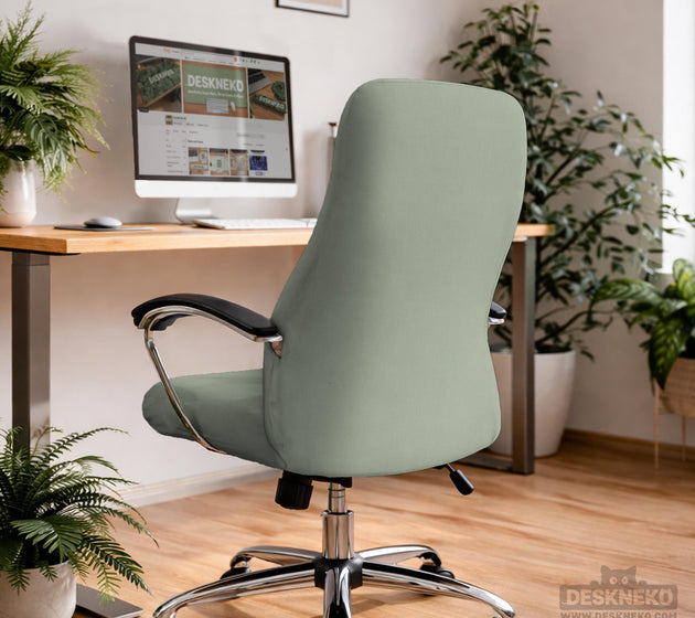Sage green chair cover options shown for a high back gaming or office chair, including full chair cover, back and seat cover, seat-only cover, and armrest-only cover styles.