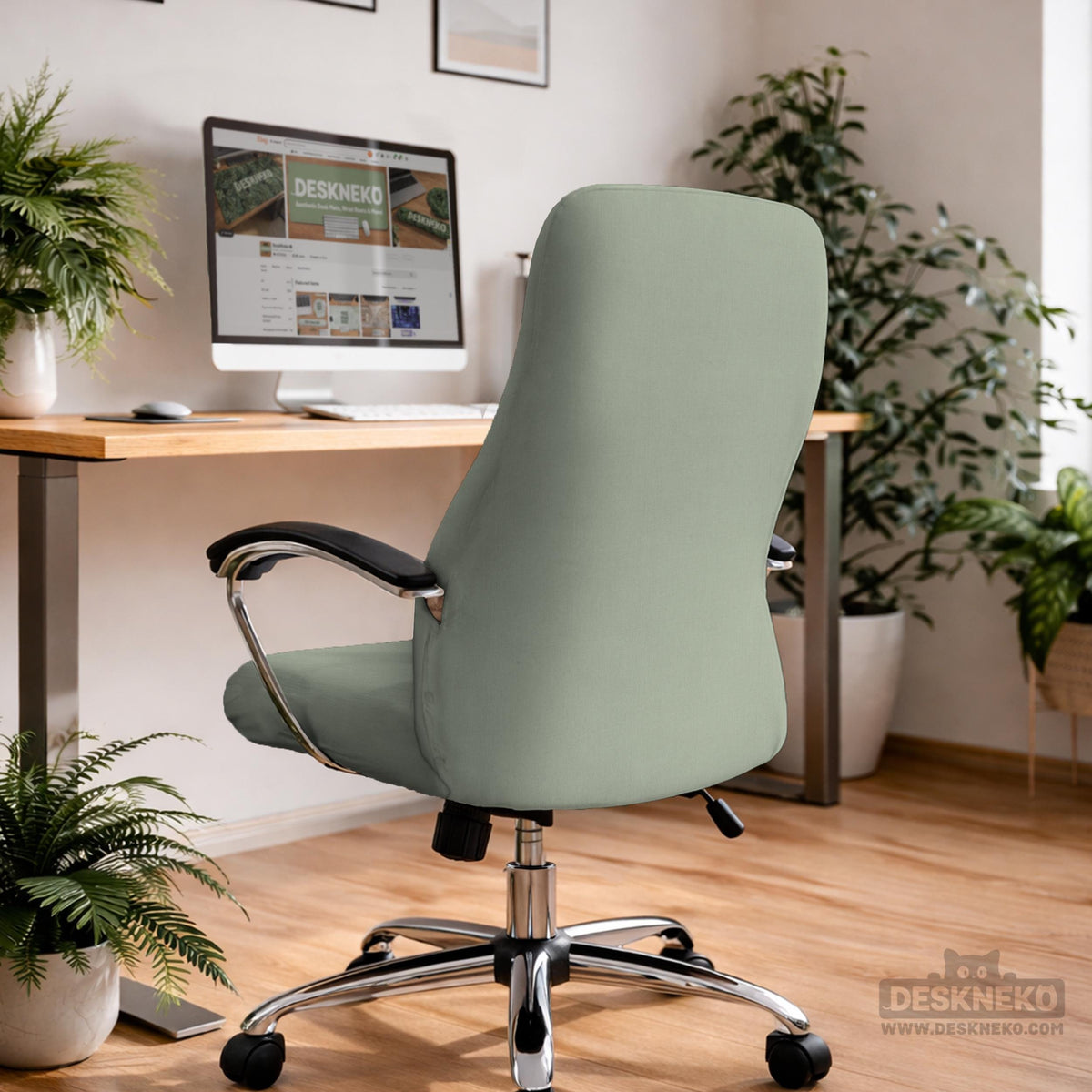 Sage green chair cover options shown for a high back gaming or office chair, including full chair cover, back and seat cover, seat-only cover, and armrest-only cover styles.