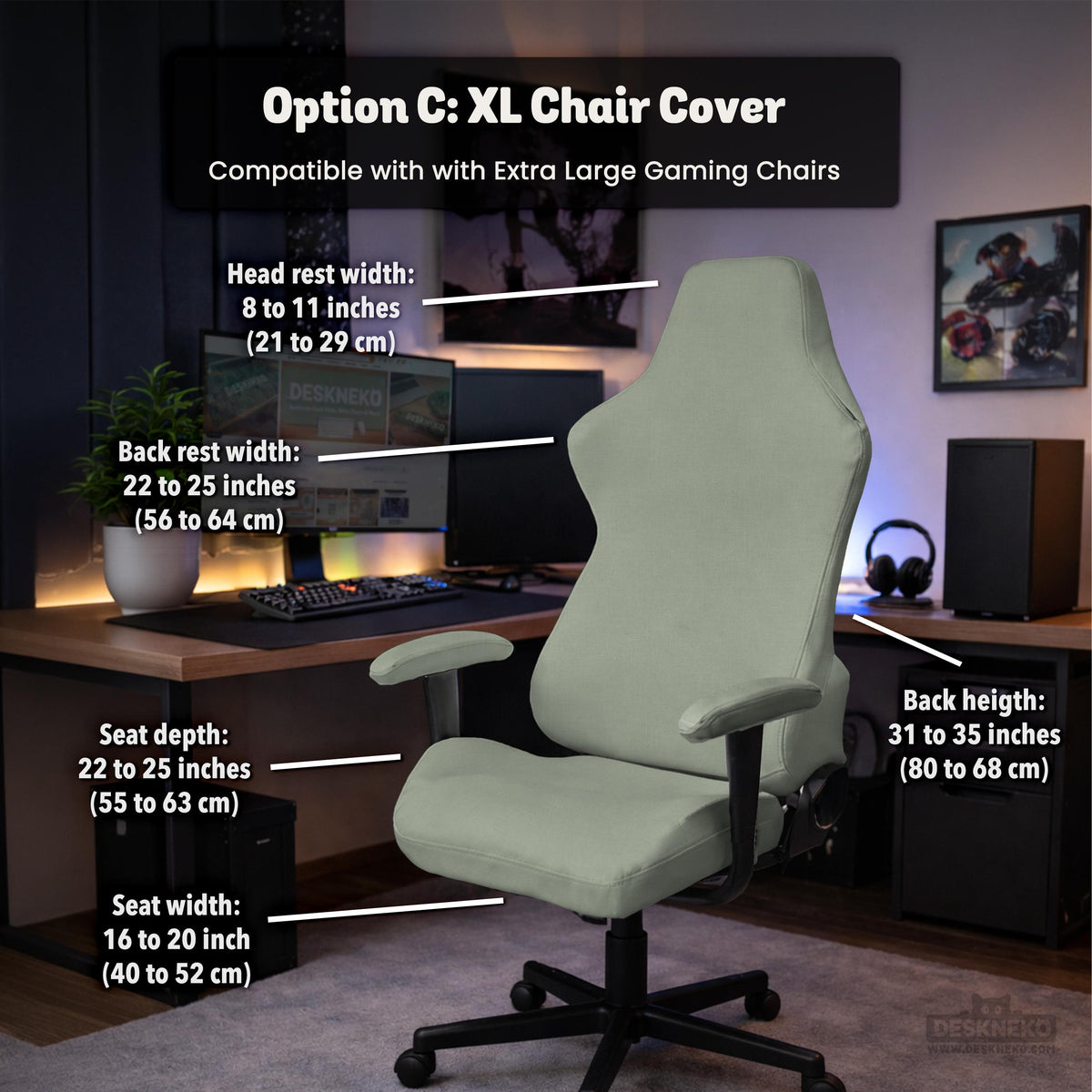 Sage green chair cover options shown for a high back gaming or office chair, including full chair cover, back and seat cover, seat-only cover, and armrest-only cover styles.