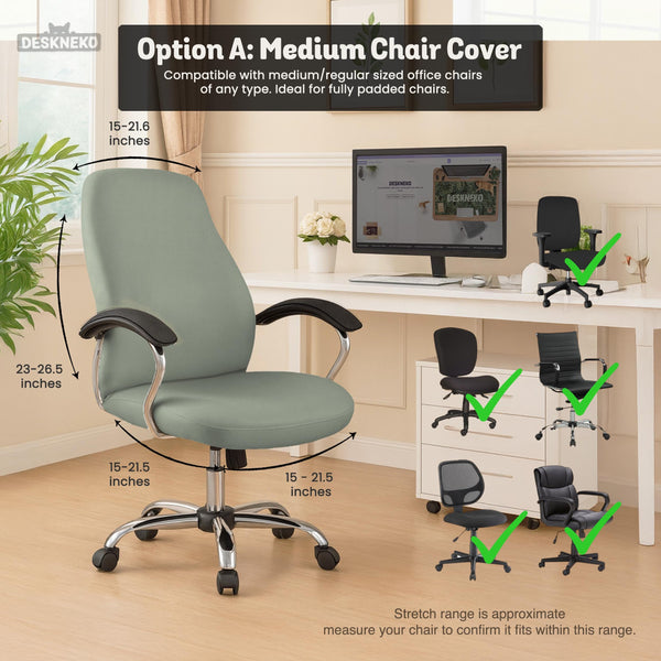 Sage green chair cover options shown for a high back gaming or office chair, including full chair cover, back and seat cover, seat-only cover, and armrest-only cover styles.