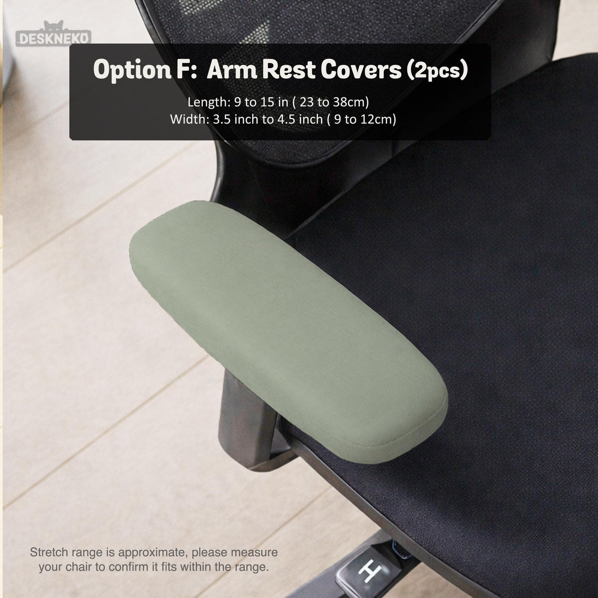 Sage green chair cover options shown for a high back gaming or office chair, including full chair cover, back and seat cover, seat-only cover, and armrest-only cover styles.