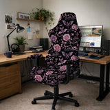 Desk chair cover design with pink roses, small bats, moons, pearls, and ribbon details on a black background.