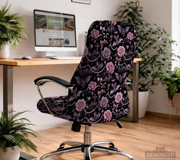 Desk chair cover design with pink roses, small bats, moons, pearls, and ribbon details on a black background.
