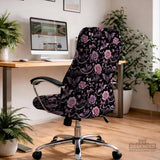 Desk chair cover design with pink roses, small bats, moons, pearls, and ribbon details on a black background.