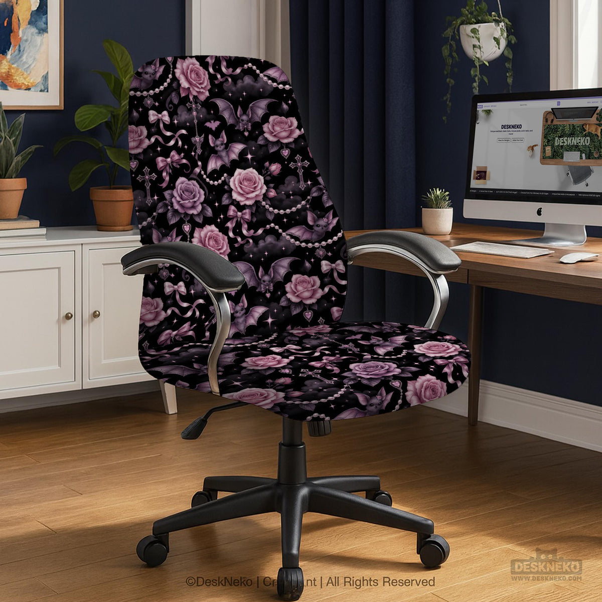 Desk chair cover design with pink roses, small bats, moons, pearls, and ribbon details on a black background.