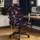 Desk chair cover design with pink roses, small bats, moons, pearls, and ribbon details on a black background.