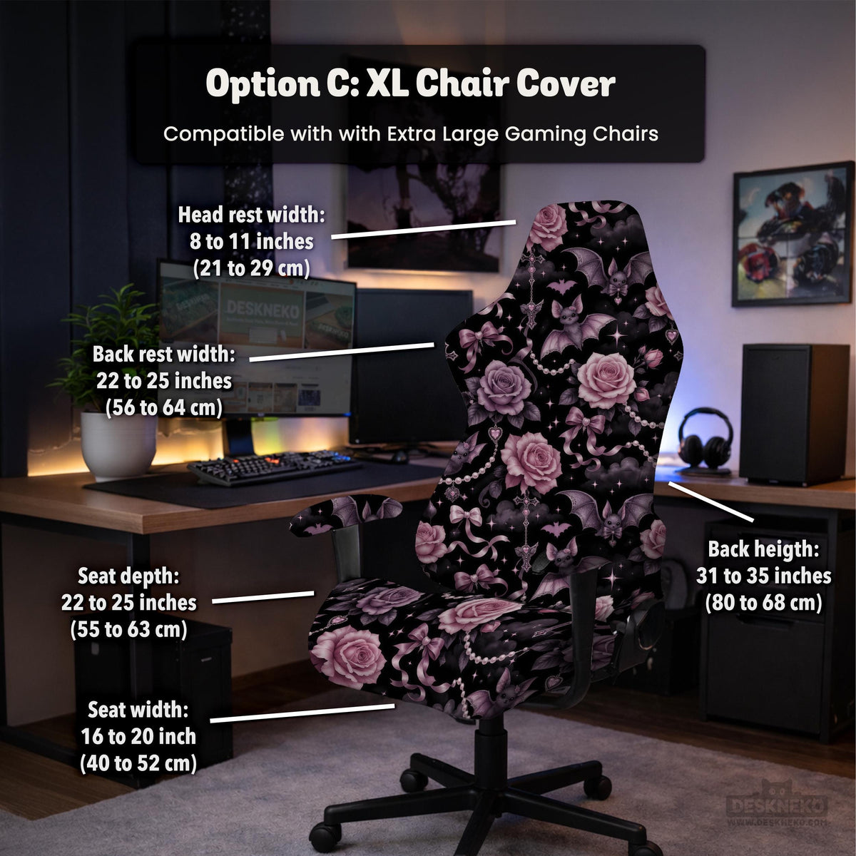 Desk chair cover design with pink roses, small bats, moons, pearls, and ribbon details on a black background.