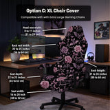 Desk chair cover design with pink roses, small bats, moons, pearls, and ribbon details on a black background.