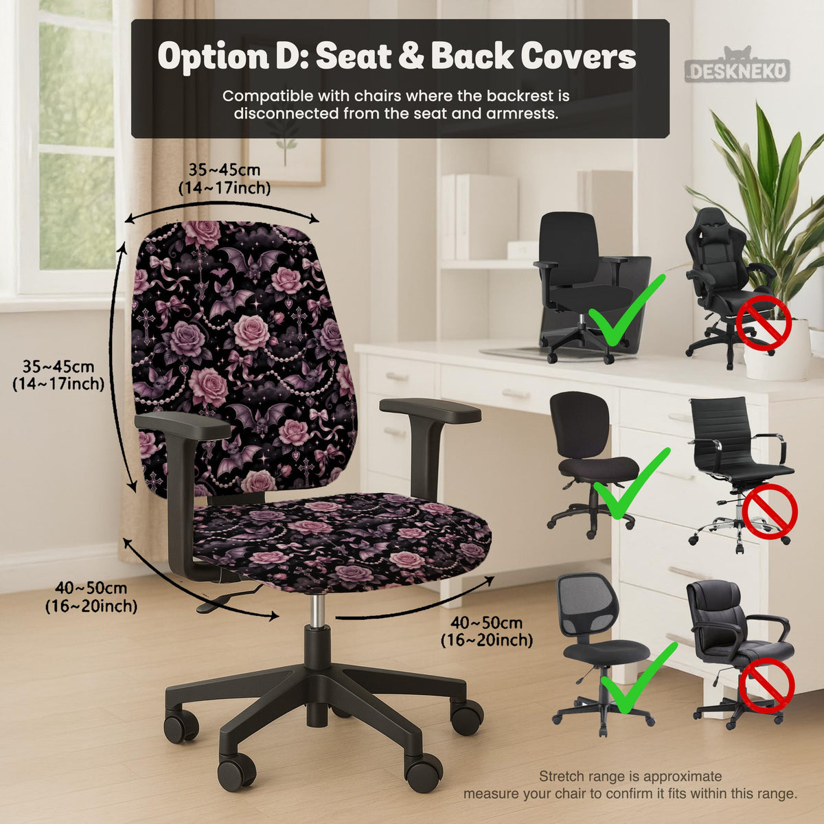 Desk chair cover design with pink roses, small bats, moons, pearls, and ribbon details on a black background.