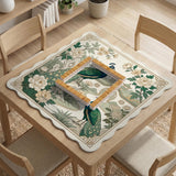 A green mahjong mat with peacock, floral, bamboo, pagoda, and gold border artwork in a scalloped chinoiserie style.