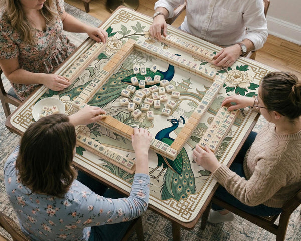 A green mahjong mat with peacock, floral, bamboo, pagoda, and gold border artwork in a scalloped chinoiserie style.