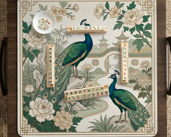 A green mahjong mat with peacock, floral, bamboo, pagoda, and gold border artwork in a scalloped chinoiserie style.