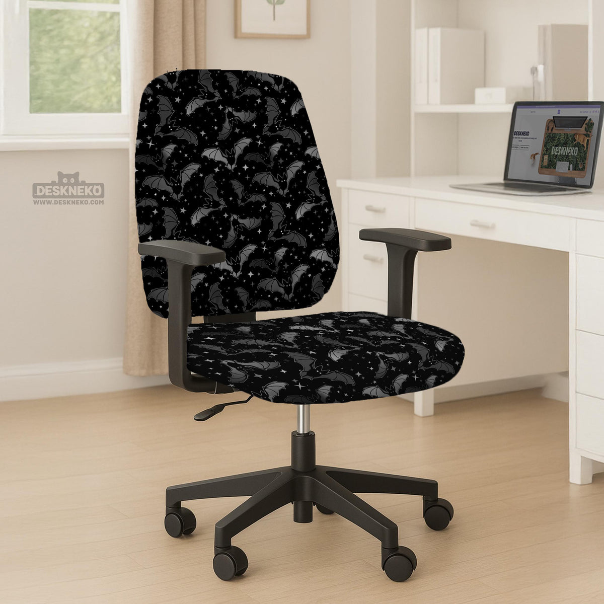 Black chair cover with a bat and star pattern shown on a gaming chair, with multiple cover style options listed for full chair, back and seat, seat only, and armrests.