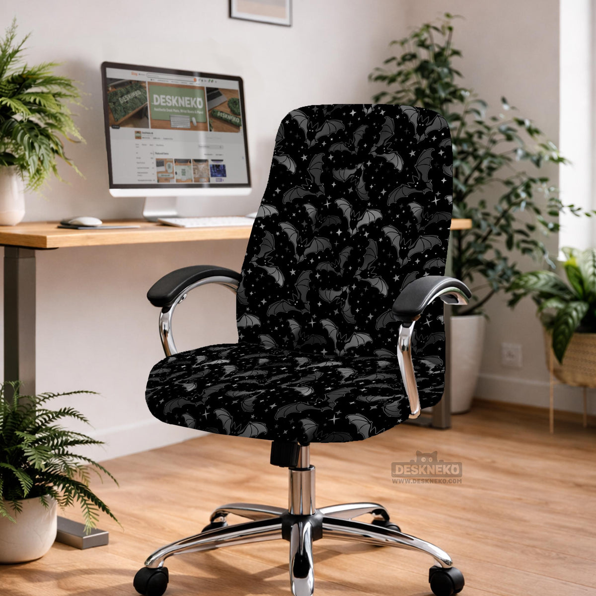 Black chair cover with a bat and star pattern shown on a gaming chair, with multiple cover style options listed for full chair, back and seat, seat only, and armrests.