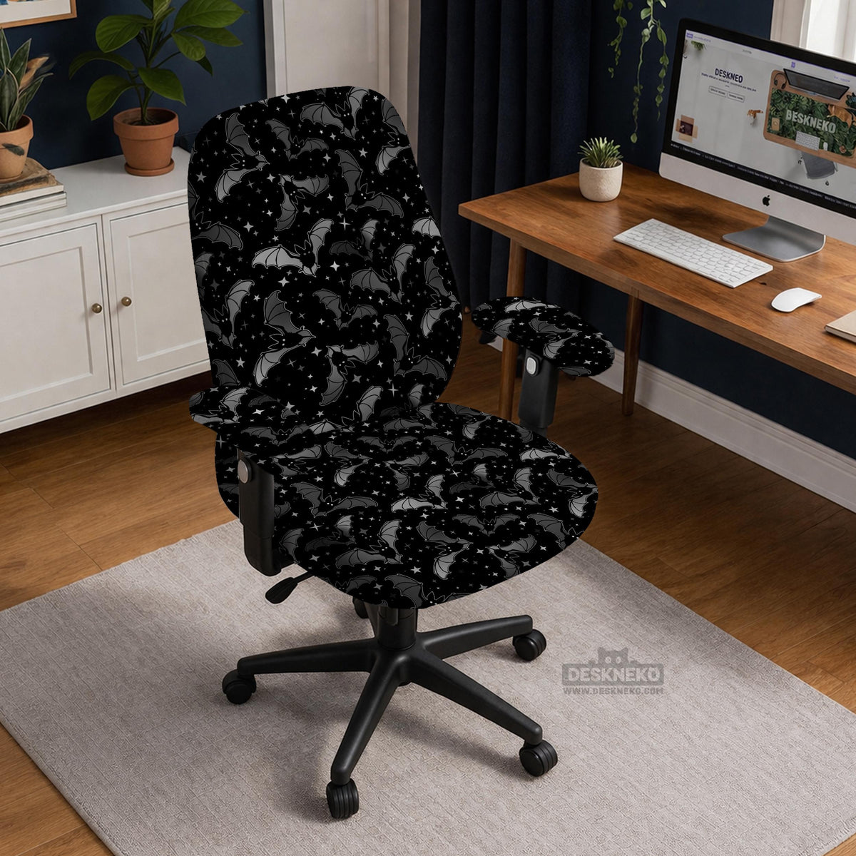 Black chair cover with a bat and star pattern shown on a gaming chair, with multiple cover style options listed for full chair, back and seat, seat only, and armrests.