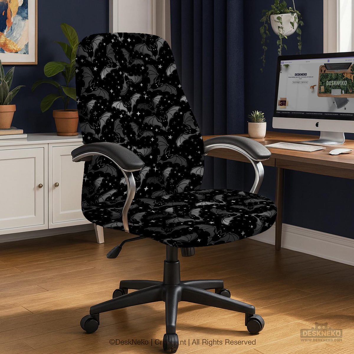 Black chair cover with a bat and star pattern shown on a gaming chair, with multiple cover style options listed for full chair, back and seat, seat only, and armrests.