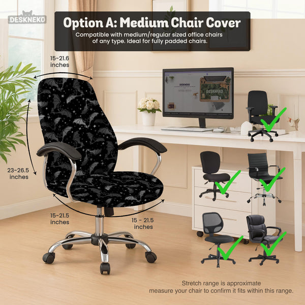 Black chair cover with a bat and star pattern shown on a gaming chair, with multiple cover style options listed for full chair, back and seat, seat only, and armrests.