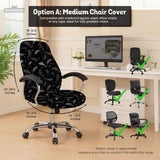 Black chair cover with a bat and star pattern shown on a gaming chair, with multiple cover style options listed for full chair, back and seat, seat only, and armrests.
