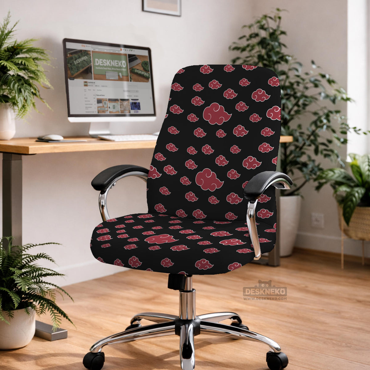 Black and red gaming chair cover with a red cloud pattern shown as multiple cover options, including full chair, back-and-seat, seat-only, and armrest-only styles.