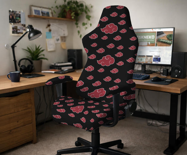 Black and red gaming chair cover with a red cloud pattern shown as multiple cover options, including full chair, back-and-seat, seat-only, and armrest-only styles.