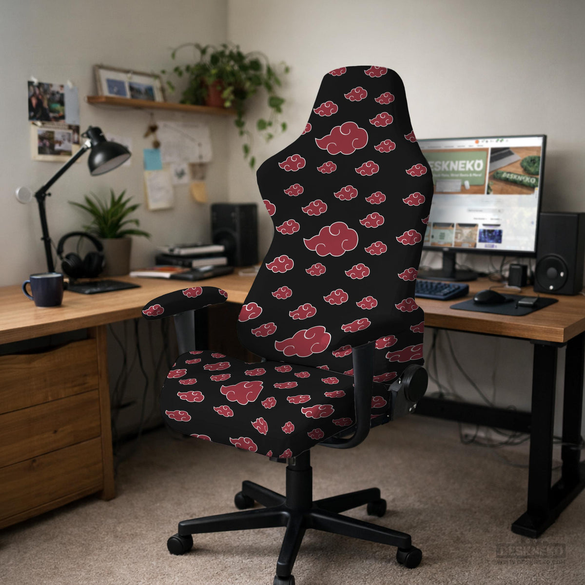 Black and red gaming chair cover with a red cloud pattern shown as multiple cover options, including full chair, back-and-seat, seat-only, and armrest-only styles.