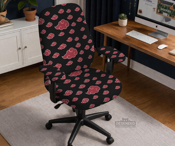 Black and red gaming chair cover with a red cloud pattern shown as multiple cover options, including full chair, back-and-seat, seat-only, and armrest-only styles.