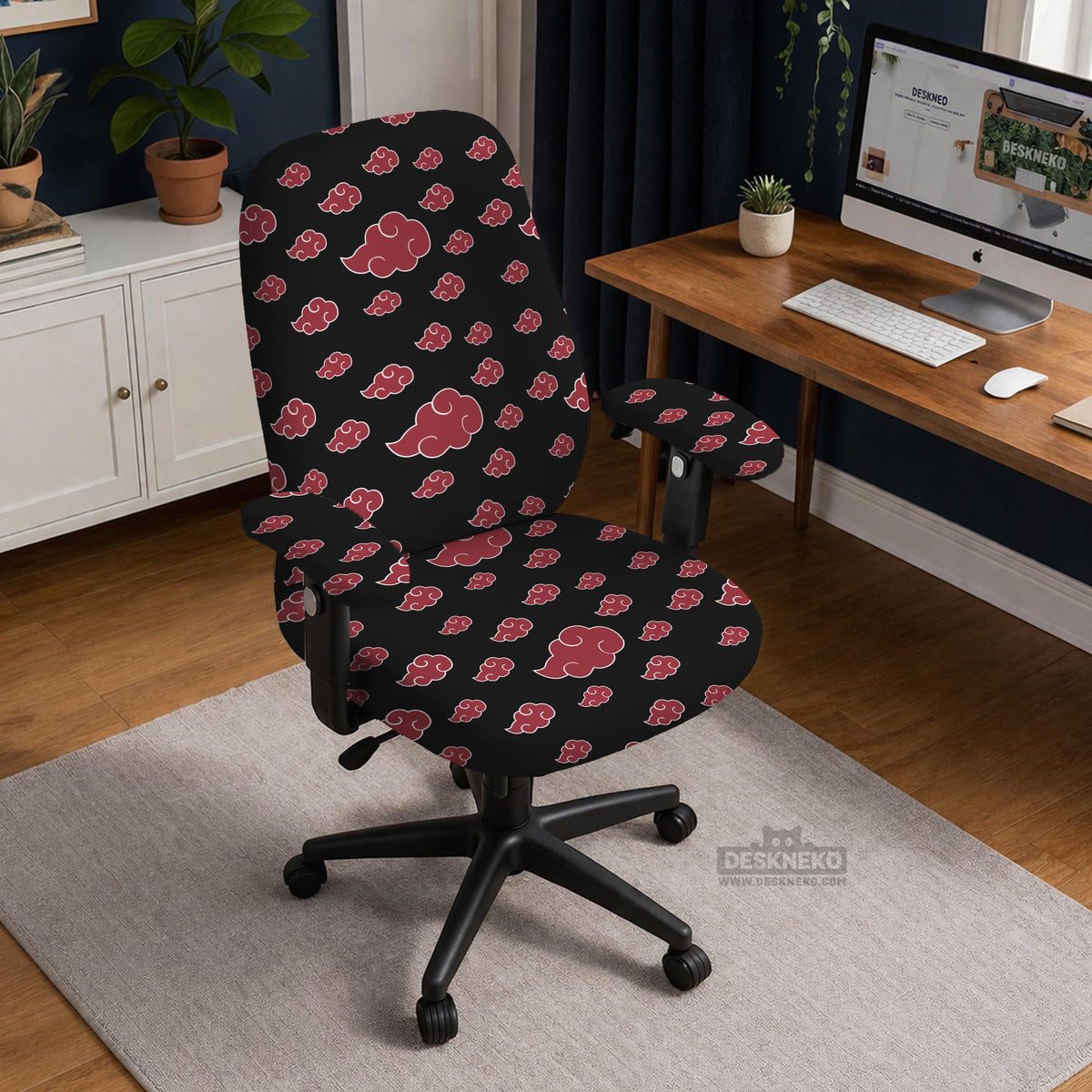 Black and red gaming chair cover with a red cloud pattern shown as multiple cover options, including full chair, back-and-seat, seat-only, and armrest-only styles.